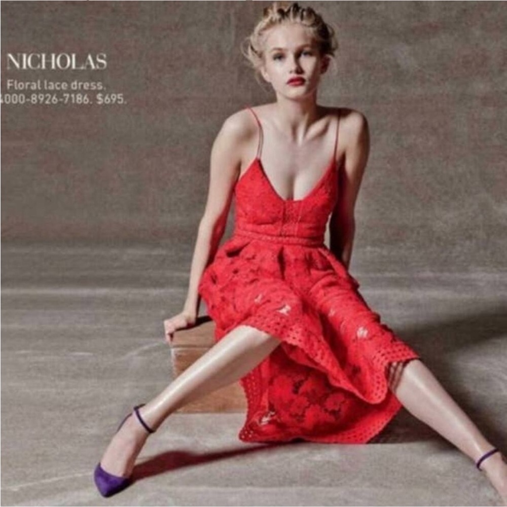 Nicholas Red Roleau Ball Pleated Lace Dress Small